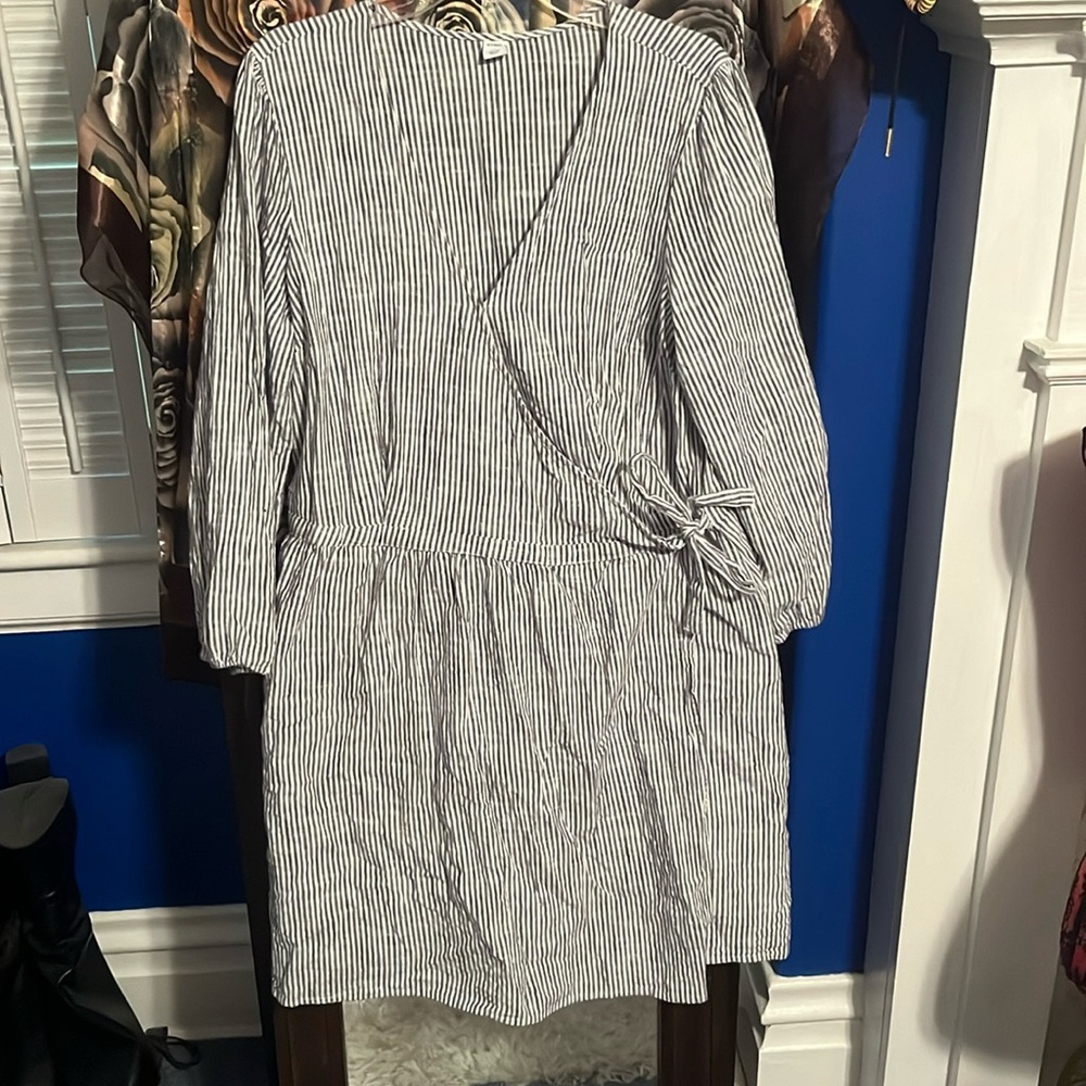 Gray and white striped wrap around dress